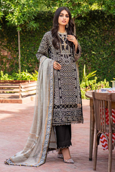 3 PC Unstitched Embroidered Lawn Suit with Gold Lacquer Printed Cotton Net Dupatta FE-12250
